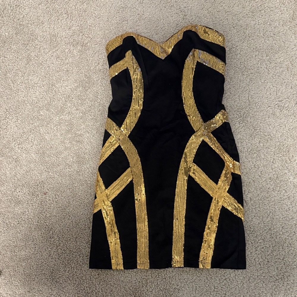 Lipsy Black and Gold Strapless Dress